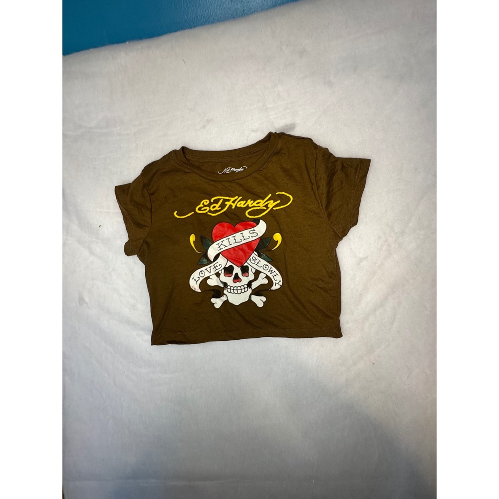 Ed Hardy Love Kills Slowly Crop Top Brown Y2K Tattoo Graphic Baby Tee Large